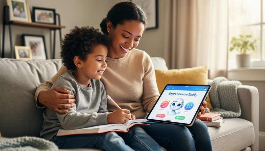 Parent and child working together on educational content in comfortable home setting