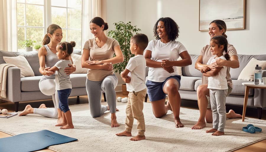 Mother and daughter practicing mindful breathing exercise together at home