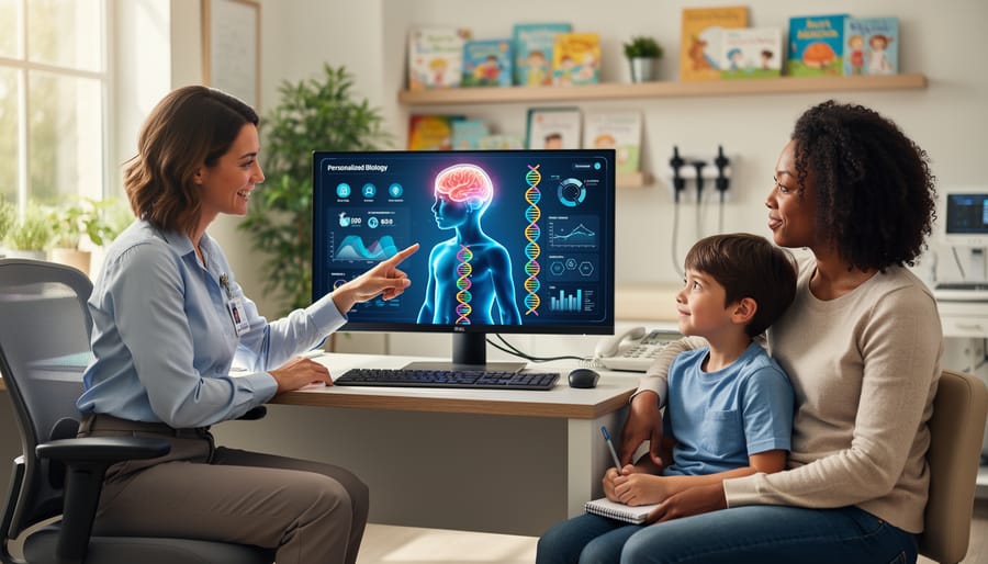 Healthcare provider holding child's hand in supportive gesture during consultation