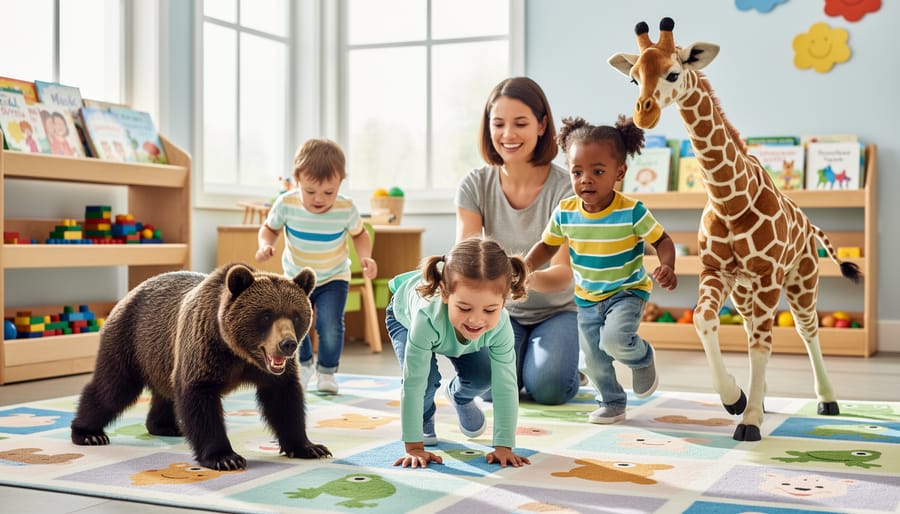Young child's hands and feet on grass doing playful animal movement exercise outdoors