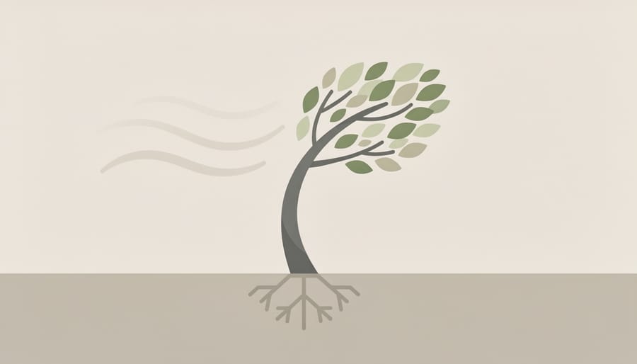 Young sapling tree bending in wind while remaining firmly rooted in soil