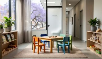 Child-friendly therapy office waiting area with child-sized chairs, low table, toy shelves, plants, and soft natural light from large windows; a frosted-glass door to the therapy room and a wide, stroller-friendly hallway visible, with leafy jacaranda trees outside.