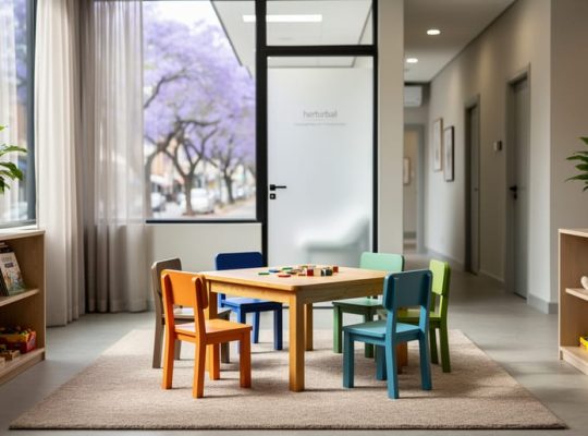Child-friendly therapy office waiting area with child-sized chairs, low table, toy shelves, plants, and soft natural light from large windows; a frosted-glass door to the therapy room and a wide, stroller-friendly hallway visible, with leafy jacaranda trees outside.