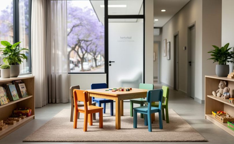 Child-friendly therapy office waiting area with child-sized chairs, low table, toy shelves, plants, and soft natural light from large windows; a frosted-glass door to the therapy room and a wide, stroller-friendly hallway visible, with leafy jacaranda trees outside.