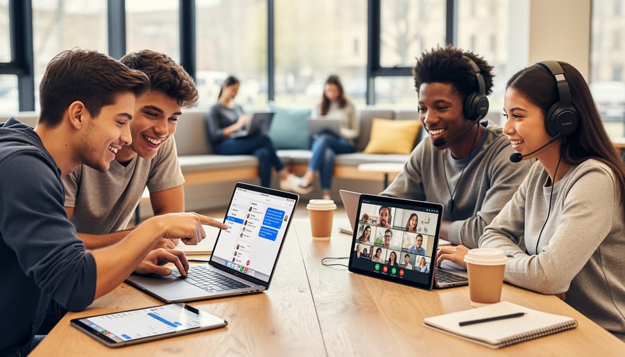 Diverse group of teenagers collaborating on laptops at library table with engaged expressions
