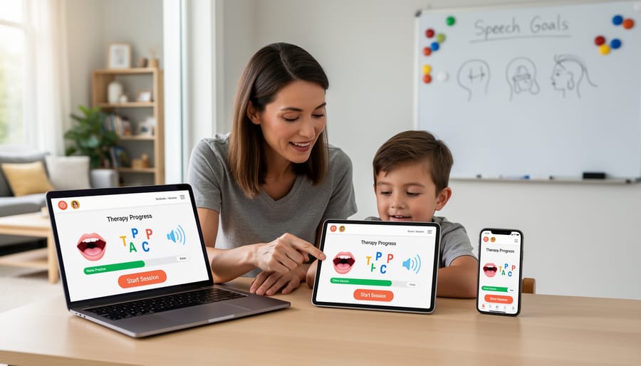Speech therapist and child working together with educational app during therapy session