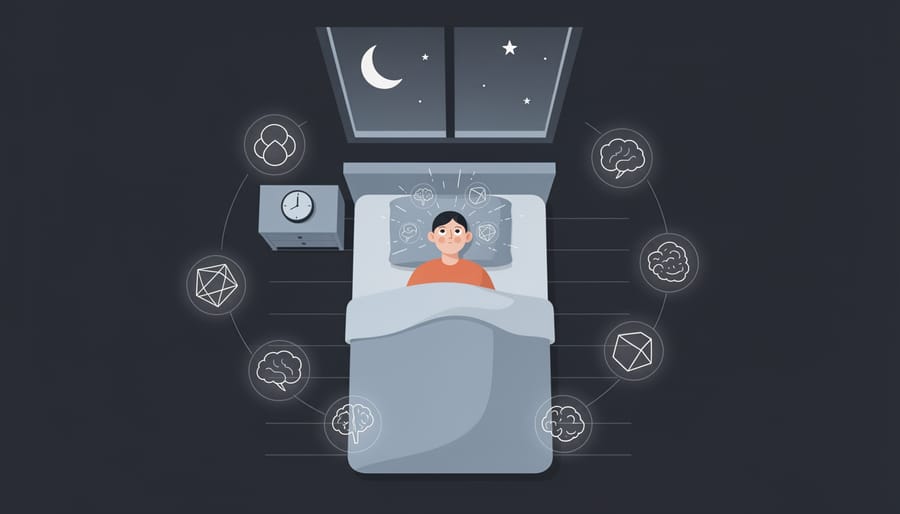 Child sitting on the bed at night with a bedside lamp nearby, depicting anxiety that affects bedtime and rest.