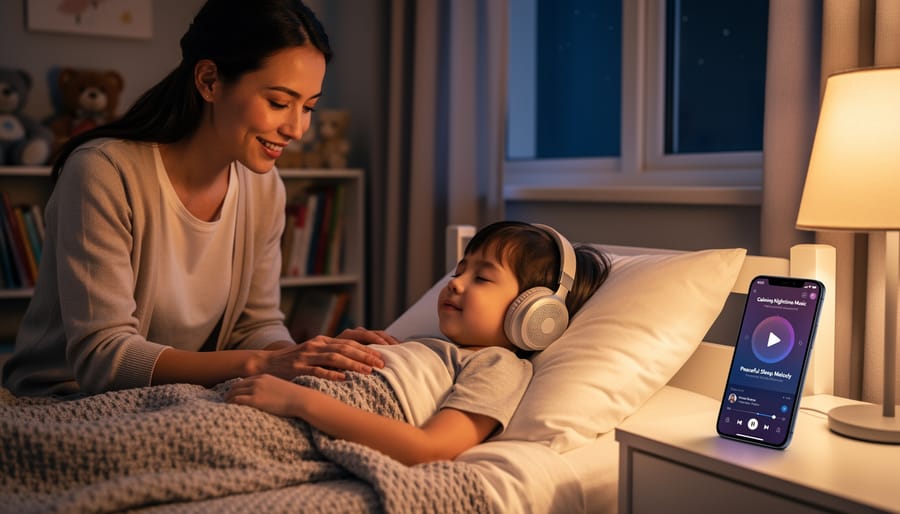 Parent comforting a child at bedtime in a softly lit room with a speaker nearby playing calming music