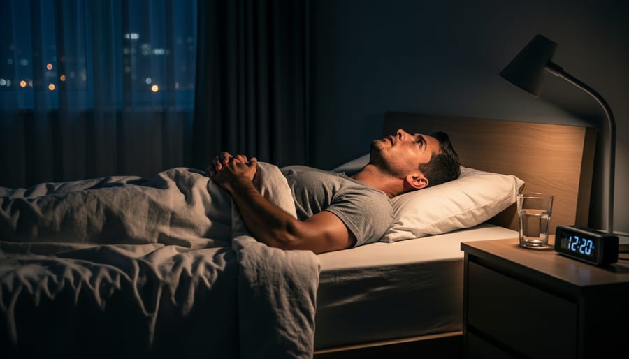 A child in bed at night appearing tense and restless under a blanket