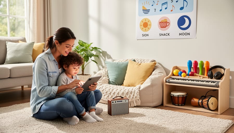 Cozy calm-down corner at home with cushions, headphones basket, and warm lamp lighting