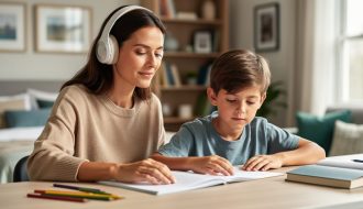 Parent and child sitting together during homework while the child listens to calming music through comfortable headphones in a softly lit room.