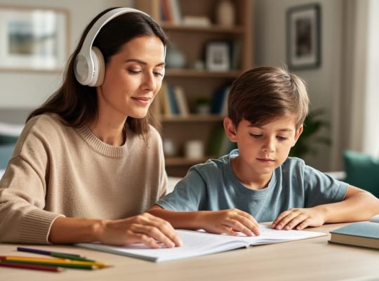 Parent and child sitting together during homework while the child listens to calming music through comfortable headphones in a softly lit room.