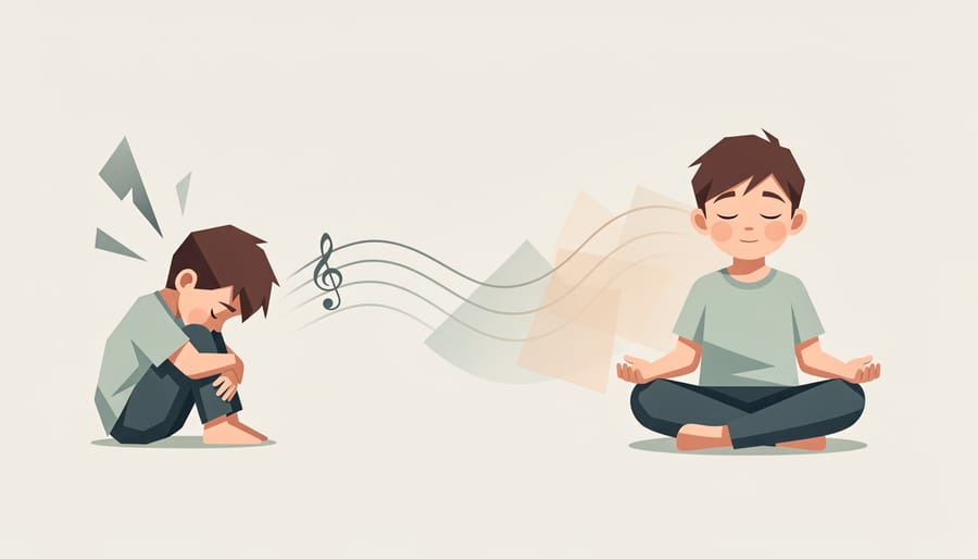Child sitting quietly with headphones, relaxed posture, and soft daylight in the room