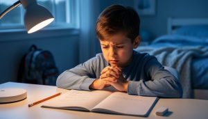“Child sitting at a bedroom desk in low light with a notebook open and hands clasped, suggesting anxious worry before school the next day.”