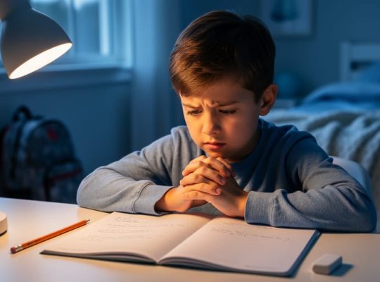 “Child sitting at a bedroom desk in low light with a notebook open and hands clasped, suggesting anxious worry before school the next day.”