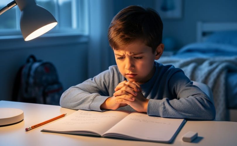 “Child sitting at a bedroom desk in low light with a notebook open and hands clasped, suggesting anxious worry before school the next day.”