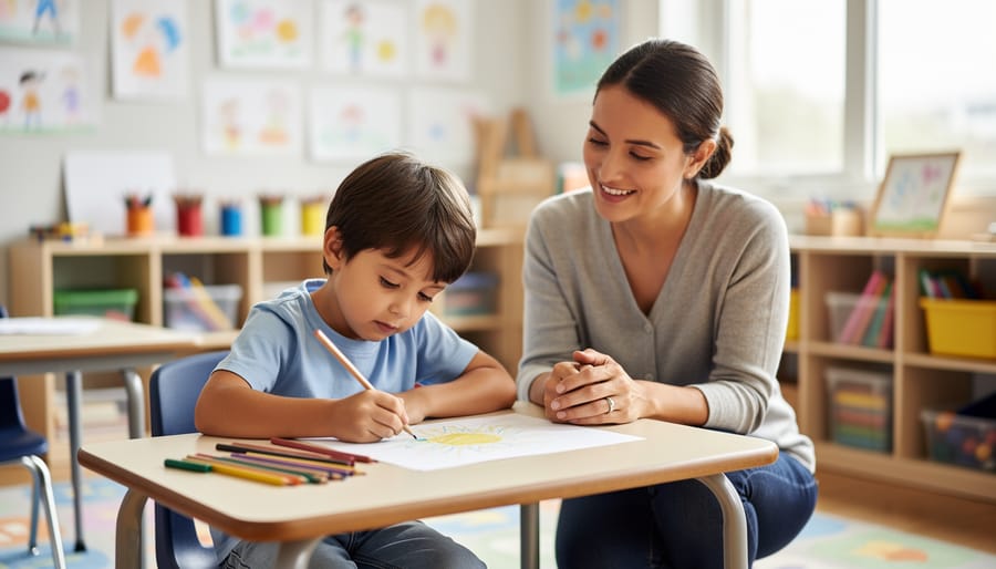 Child drawing in a notebook while a teacher or counselor sits nearby providing supportive presence
