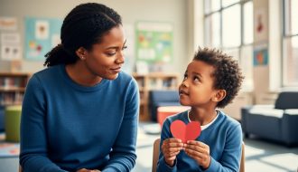 Adult listening attentively to a child while holding a small paper heart in a softly lit community room.