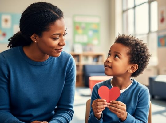 Adult listening attentively to a child while holding a small paper heart in a softly lit community room.