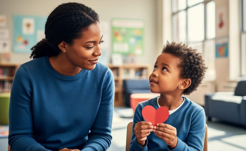 Adult listening attentively to a child while holding a small paper heart in a softly lit community room.