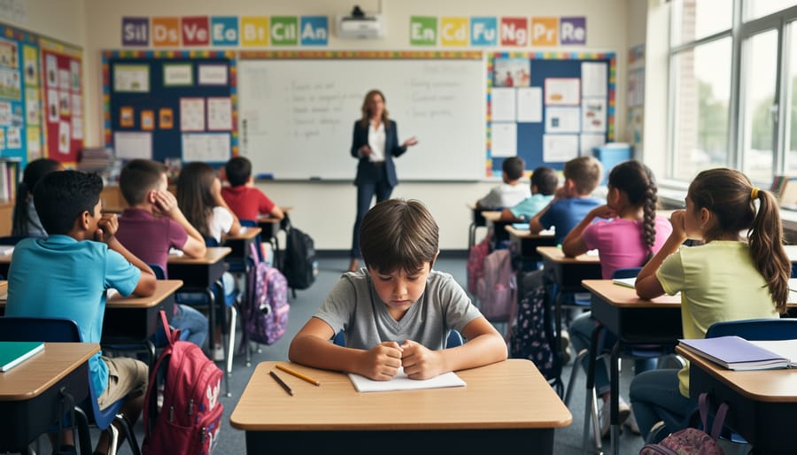 Classroom desk with crumpled paper while other children appear in the background laughing and pointing