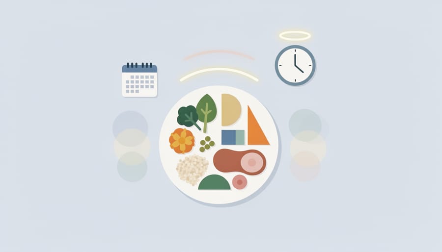 Close view of a colorful, balanced meal on a dinner table with water in soft morning light