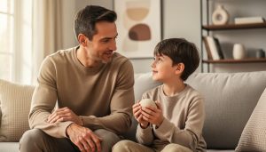 Parent sitting with a child on a couch in a calm home setting, offering supportive care for the child’s mental well-being.