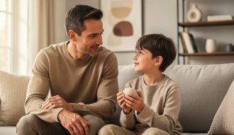 Parent sitting with a child on a couch in a calm home setting, offering supportive care for the child’s mental well-being.