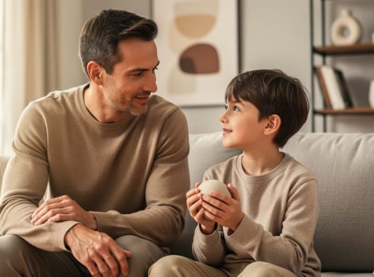 Parent sitting with a child on a couch in a calm home setting, offering supportive care for the child’s mental well-being.