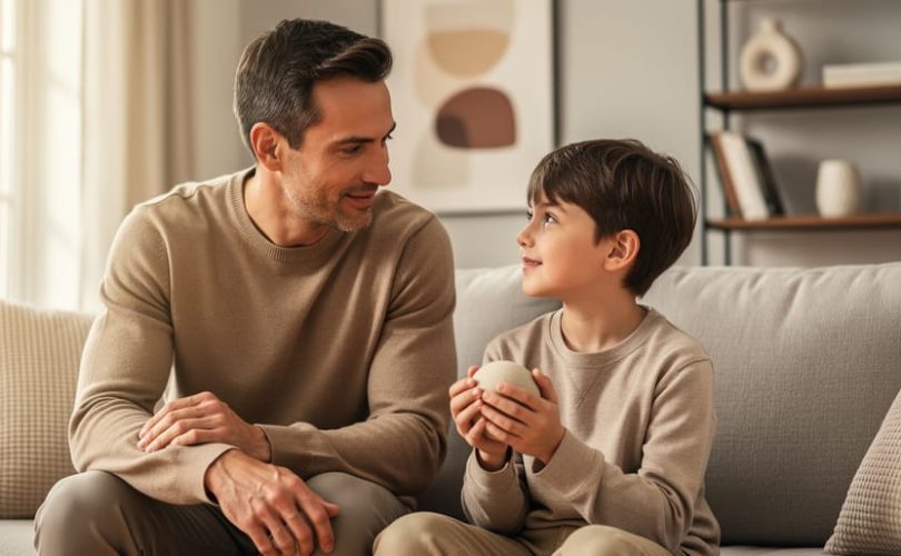 Parent sitting with a child on a couch in a calm home setting, offering supportive care for the child’s mental well-being.