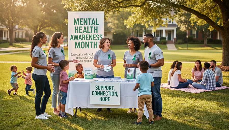 People gathered in a supportive community circle with notebooks on a table and a small green ribbon decoration.