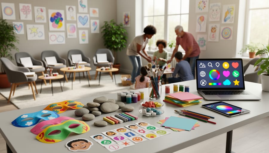Art supplies and a tablet on a community workshop table, suggesting creative mental health awareness activities.