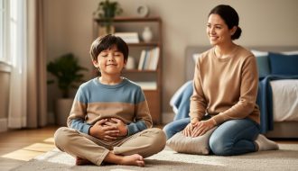 A child seated cross-legged with eyes closed practicing calming breathing while a caregiver sits nearby in a quiet, comforting room.