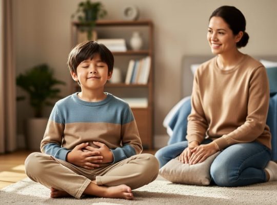 A child seated cross-legged with eyes closed practicing calming breathing while a caregiver sits nearby in a quiet, comforting room.