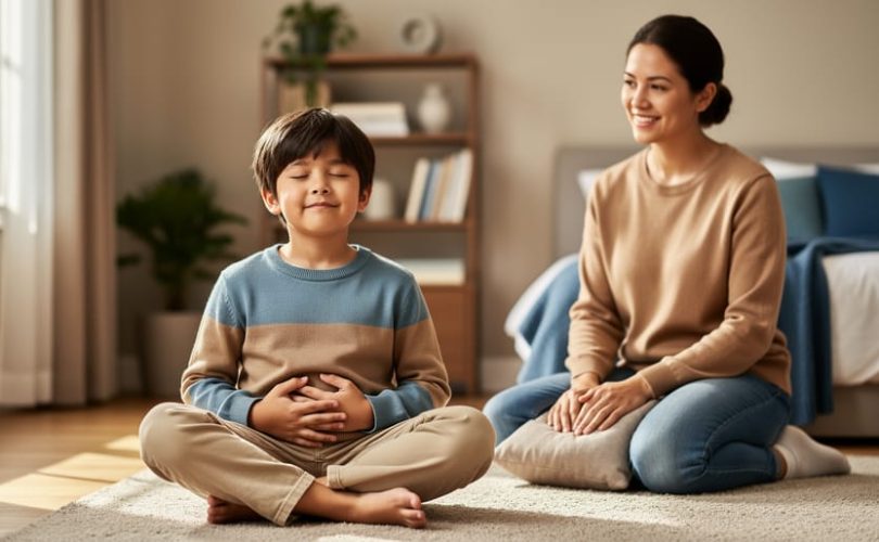 A child seated cross-legged with eyes closed practicing calming breathing while a caregiver sits nearby in a quiet, comforting room.