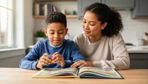 A parent and child sit together at a table with a picture book, with a small sensory fidget in the child’s hands, shown in a calm, supportive home setting.