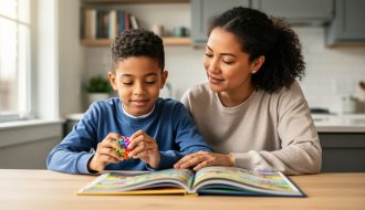 A parent and child sit together at a table with a picture book, with a small sensory fidget in the child’s hands, shown in a calm, supportive home setting.
