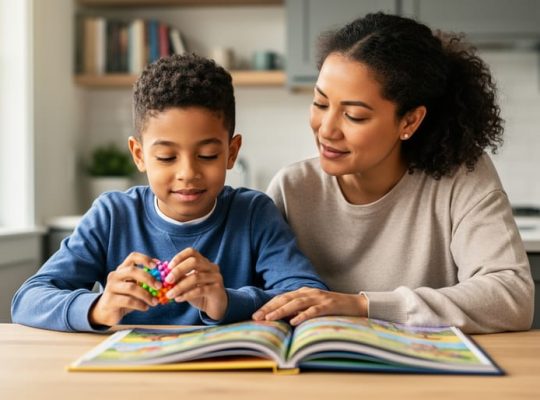 A parent and child sit together at a table with a picture book, with a small sensory fidget in the child’s hands, shown in a calm, supportive home setting.