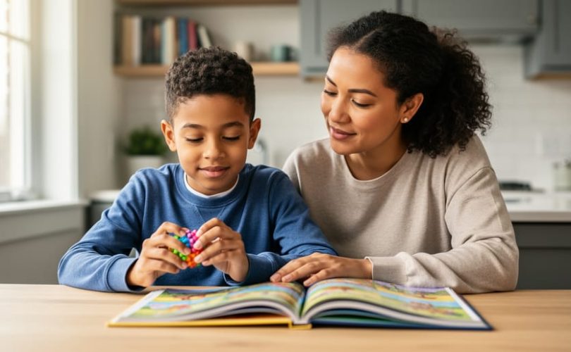 A parent and child sit together at a table with a picture book, with a small sensory fidget in the child’s hands, shown in a calm, supportive home setting.