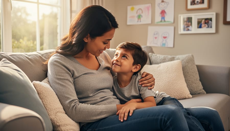 Parent comforting a child at a dining table in a calm home setting