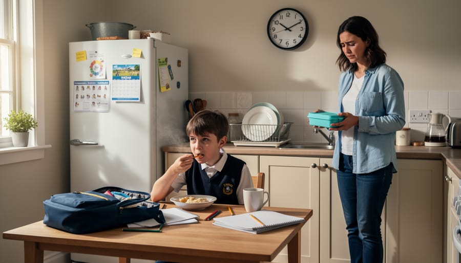 Parent and child sit together at a kitchen table with a school backpack nearby, suggesting everyday worries before school.