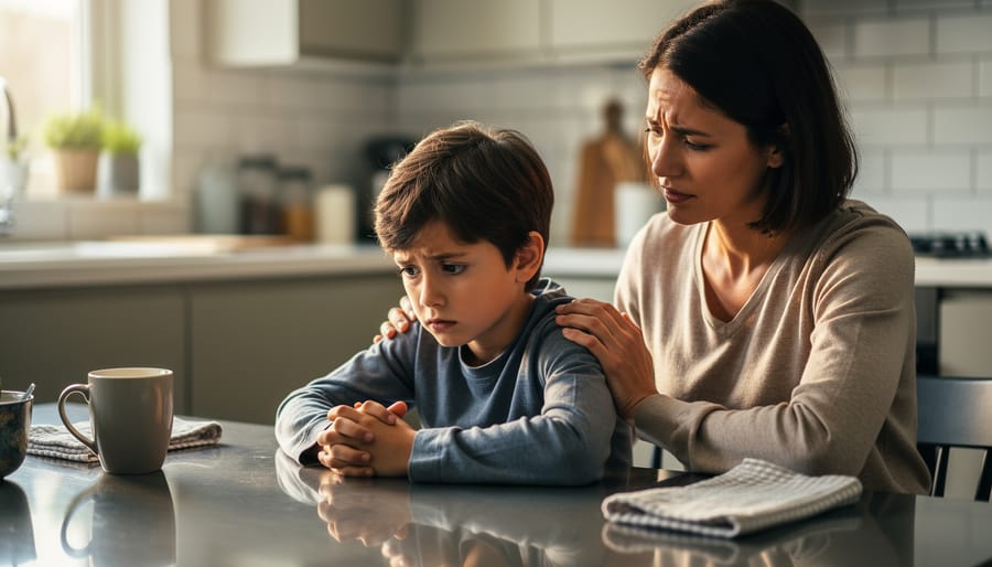 A worried child at a kitchen table with a parent’s supportive hand on their shoulder