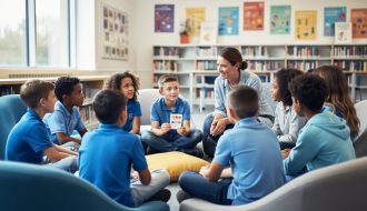 Diverse children and teens sitting in a circle with a caring adult in a bright school library, engaging in a mental health check-in conversation.