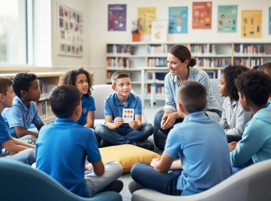 Diverse children and teens sitting in a circle with a caring adult in a bright school library, engaging in a mental health check-in conversation.