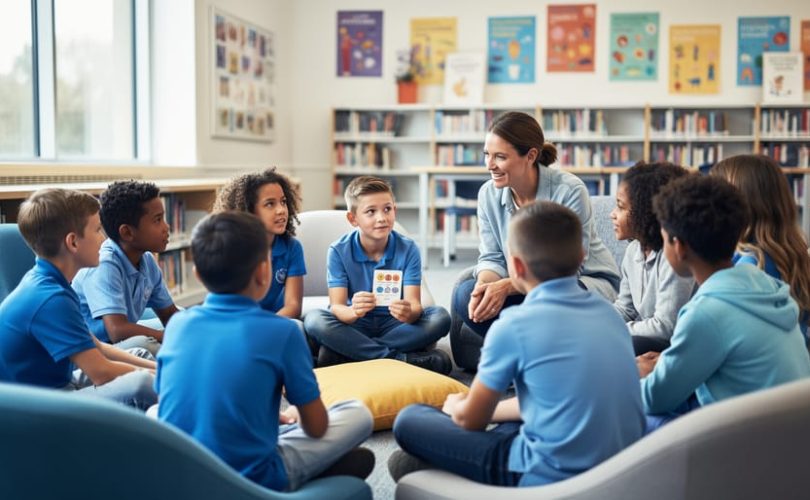 Diverse children and teens sitting in a circle with a caring adult in a bright school library, engaging in a mental health check-in conversation.