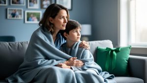 Parent and child sitting together on a couch at home, with the parent’s reassuring hand on the child’s shoulder under soft natural light.