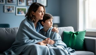 Parent and child sitting together on a couch at home, with the parent’s reassuring hand on the child’s shoulder under soft natural light.
