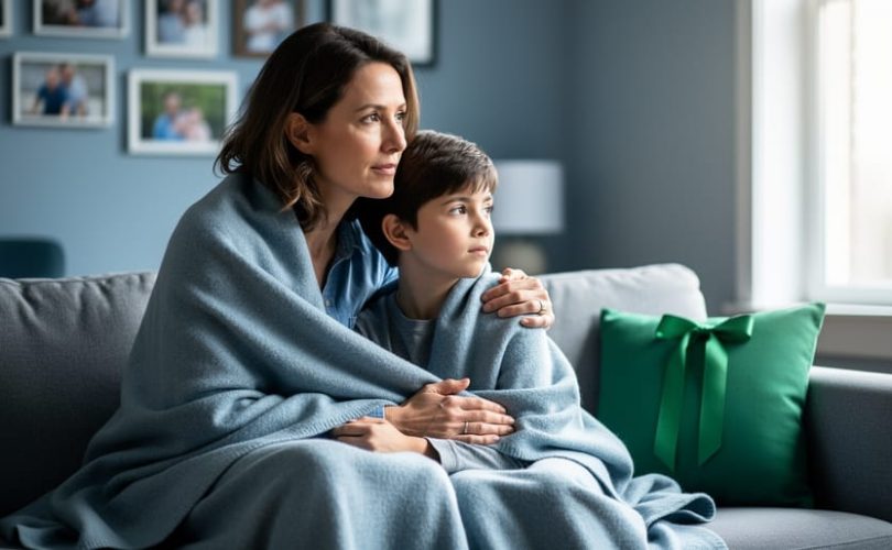 Parent and child sitting together on a couch at home, with the parent’s reassuring hand on the child’s shoulder under soft natural light.