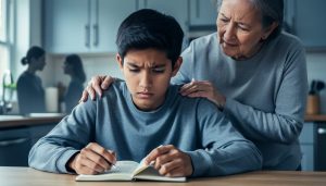 A young child sitting at a kitchen table with a supportive parent’s hand on their shoulder, depicted with a quiet, somber atmosphere that reflects mental health stigma and the need for help.