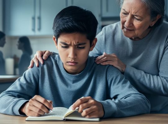 A young child sitting at a kitchen table with a supportive parent’s hand on their shoulder, depicted with a quiet, somber atmosphere that reflects mental health stigma and the need for help.